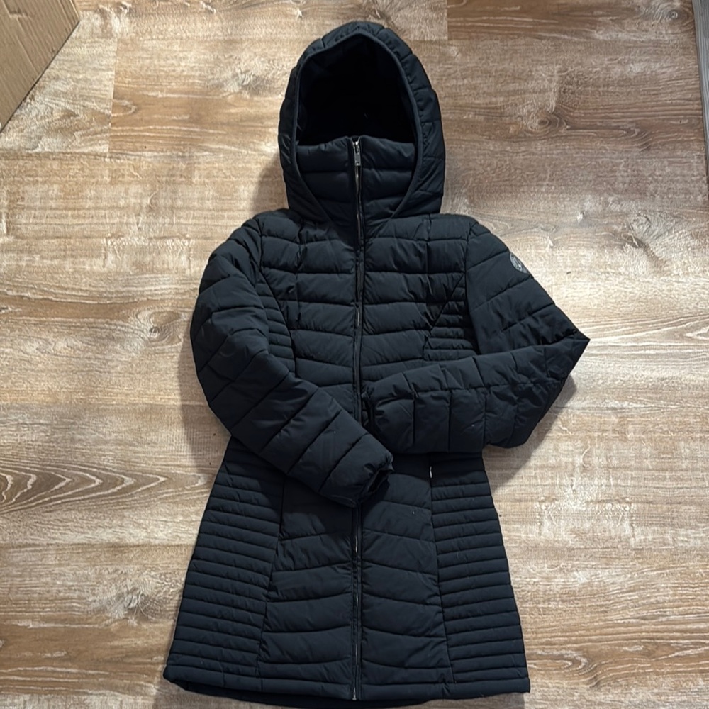 Women's Black Hooded long puffed Coat DKNY XS